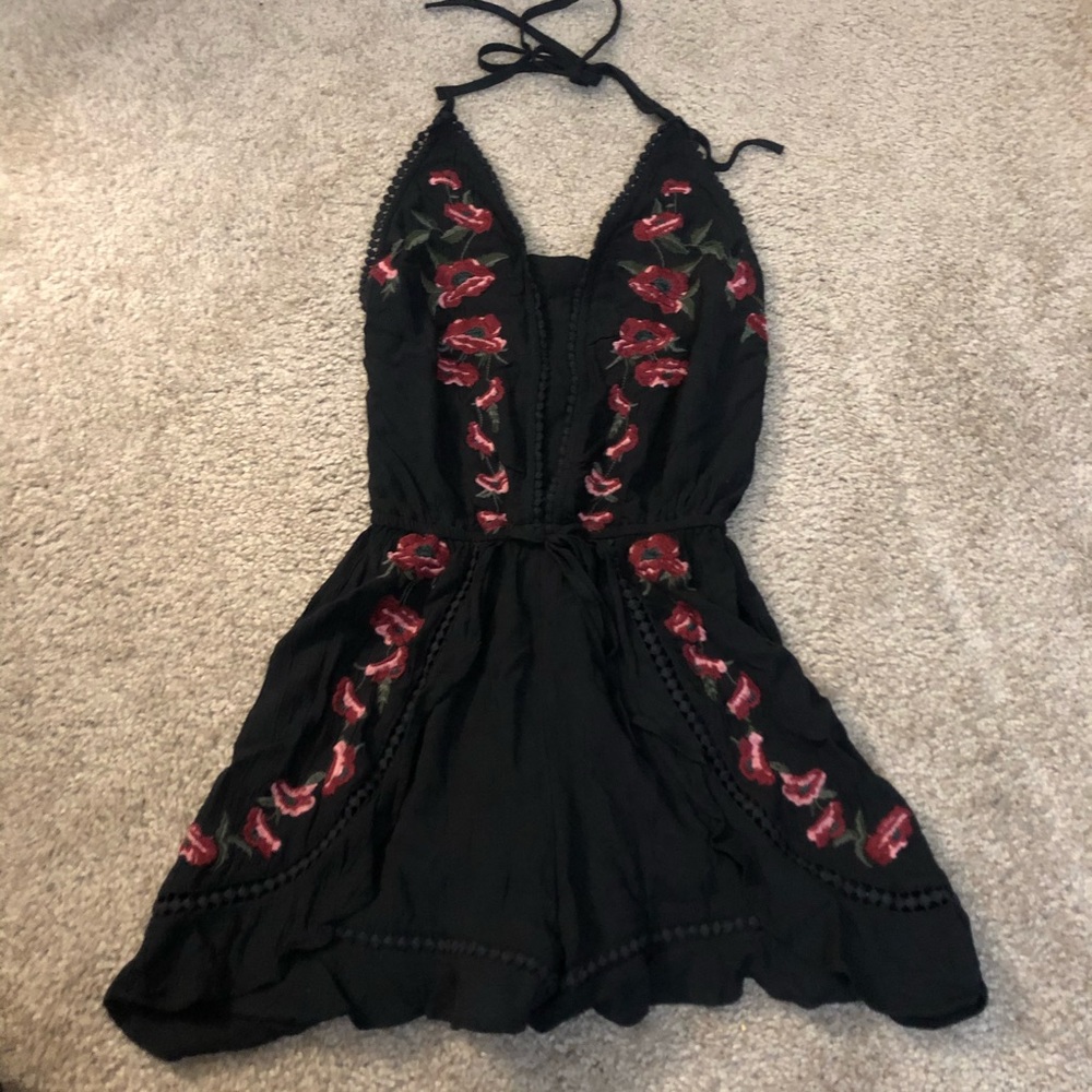Black Red Embroidered Rose Floral Romper